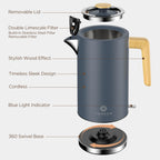 Grey Stainless Steel Cordless Electric Kettle with Wood Effect Handle