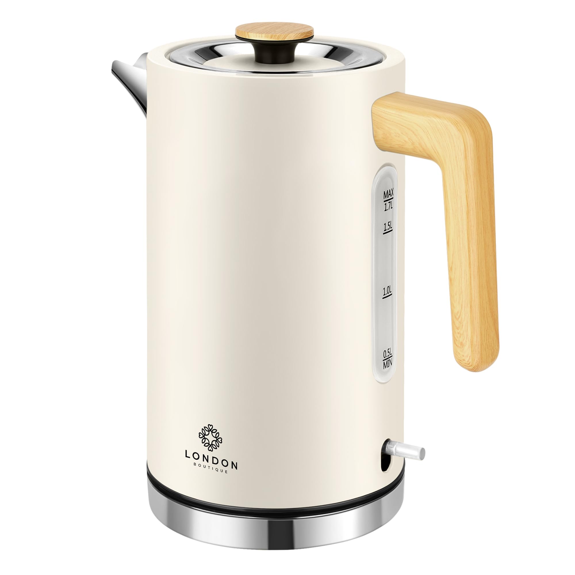 White Stainless Steel Cordless Electric Kettle with Wood Effect Handle