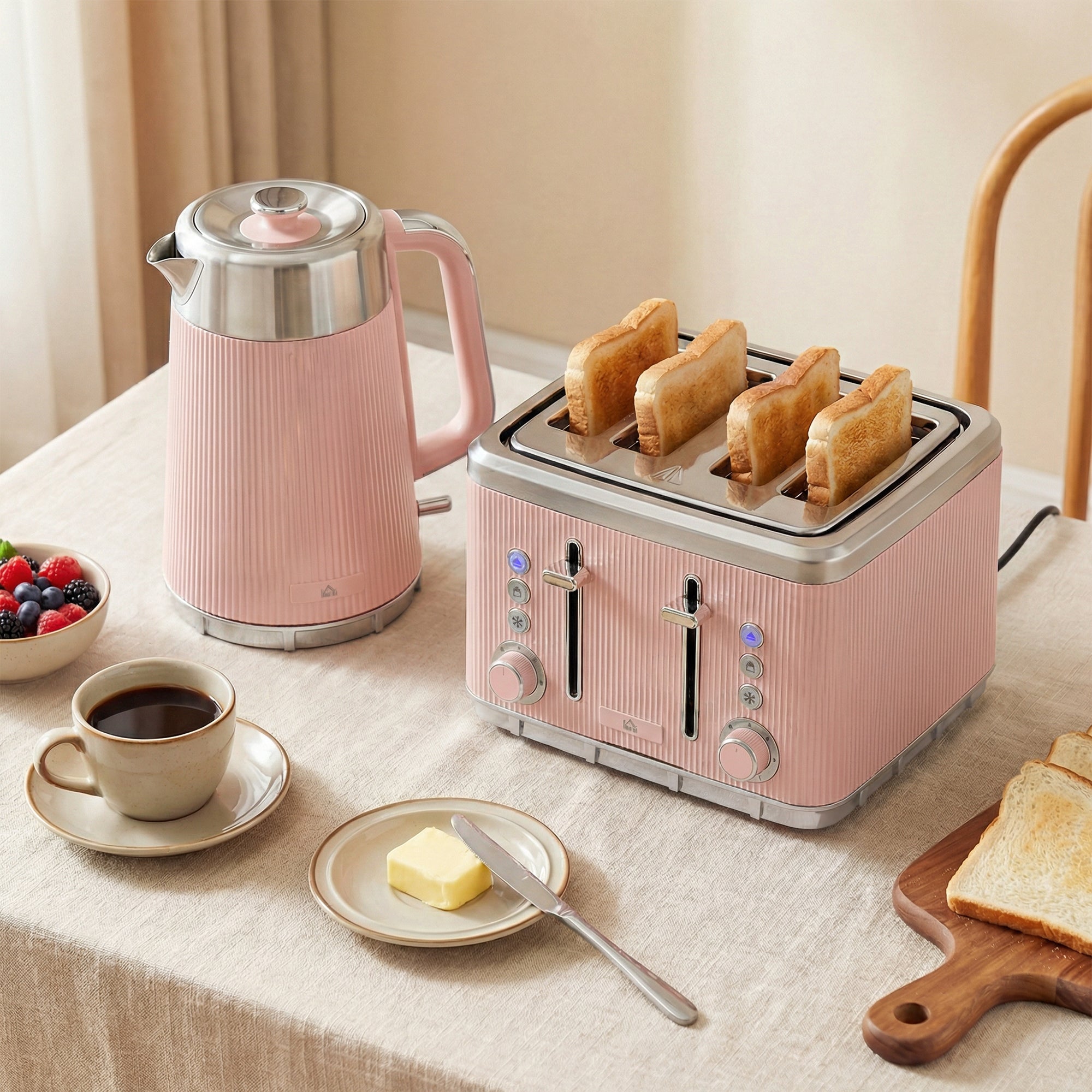 Electric Stainless Steel Kettle and Toaster Set - Pink