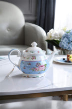 Porcelain Gift Set - Teapot, Sugar Bowl, Cream Milk Jug - Chic Vintage Floral - Gift Box (Blue Rose)
