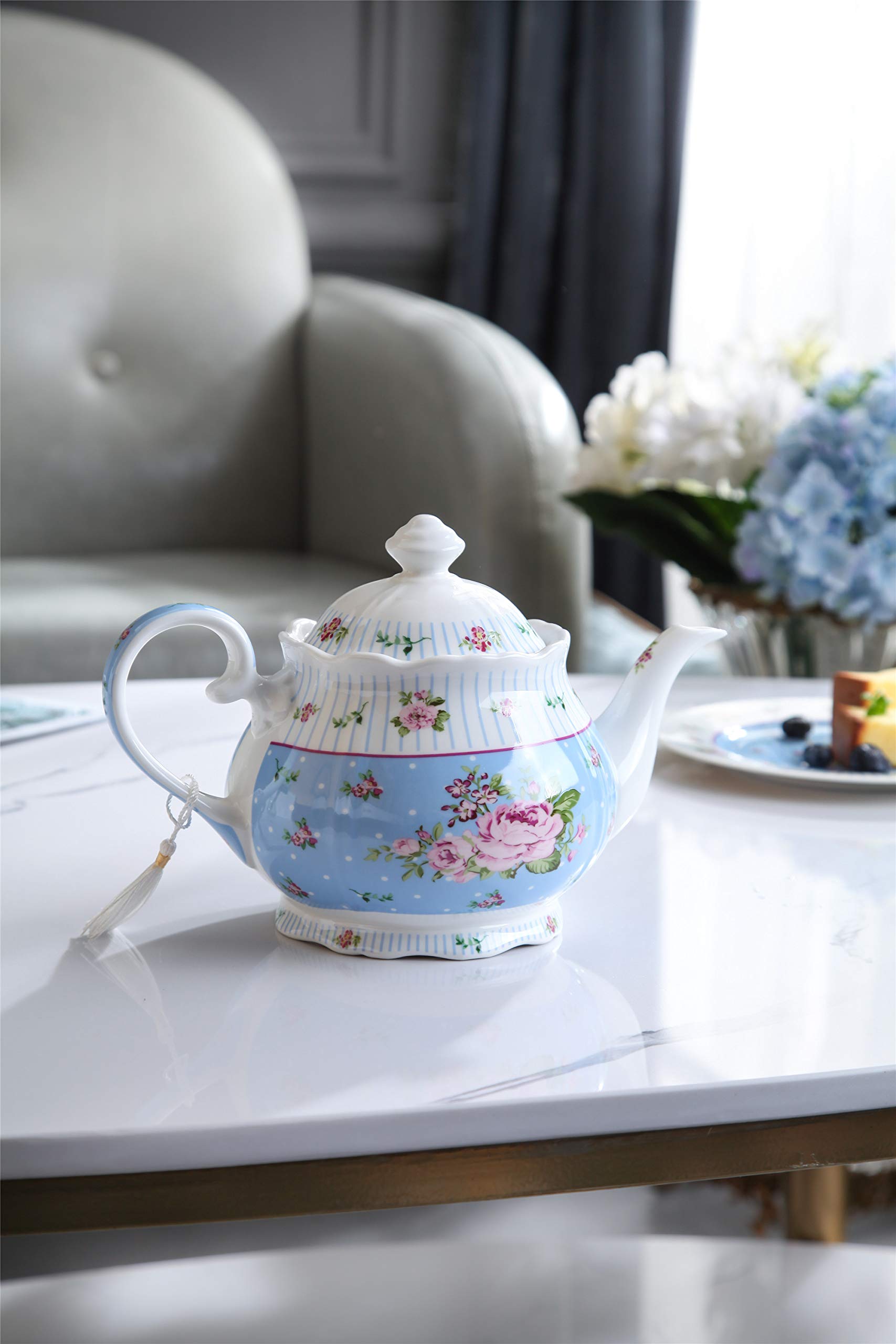 Porcelain Gift Set - Teapot, Sugar Bowl, Cream Milk Jug - Chic Vintage Floral - Gift Box (Blue Rose)