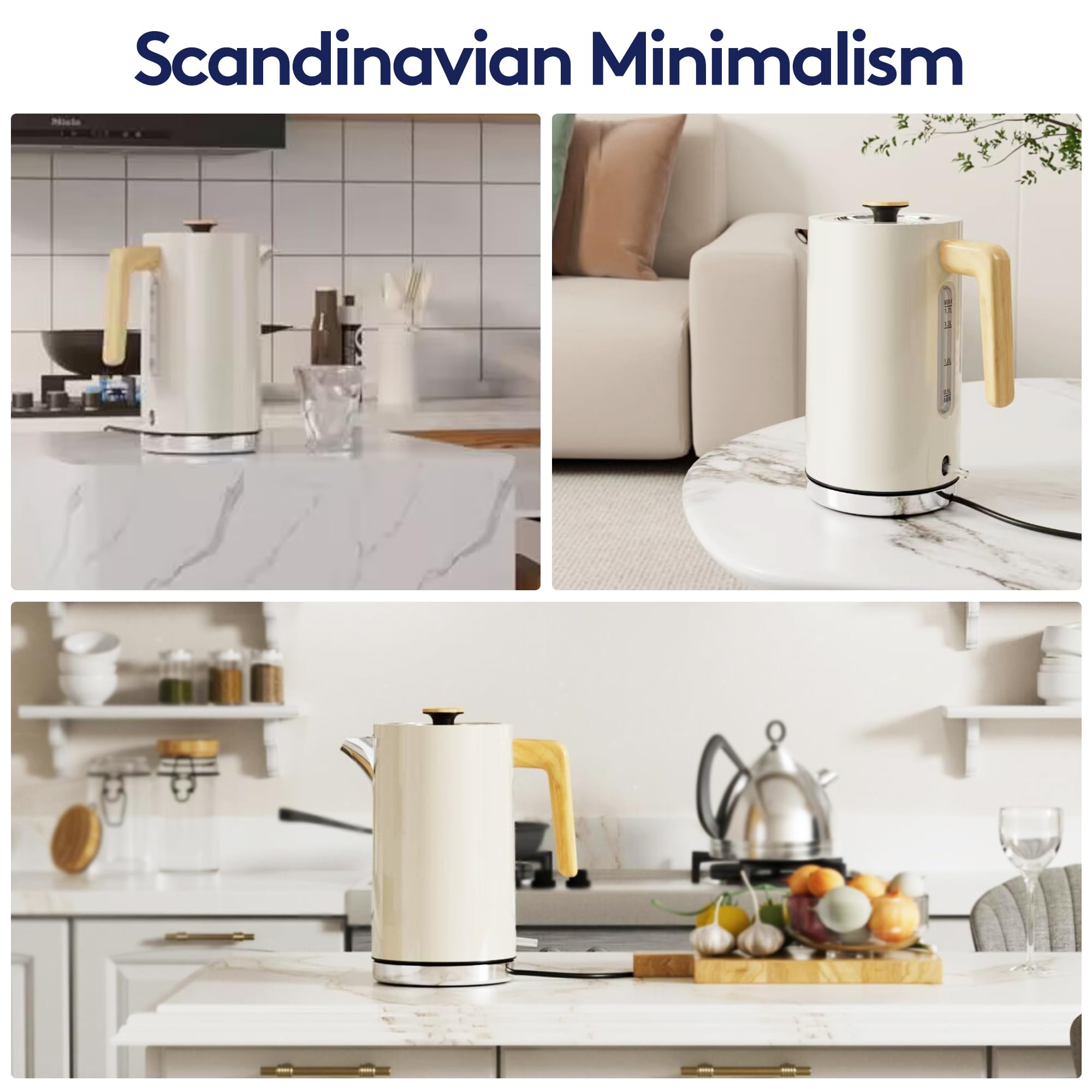 White Stainless Steel Cordless Electric Kettle with Wood Effect Handle