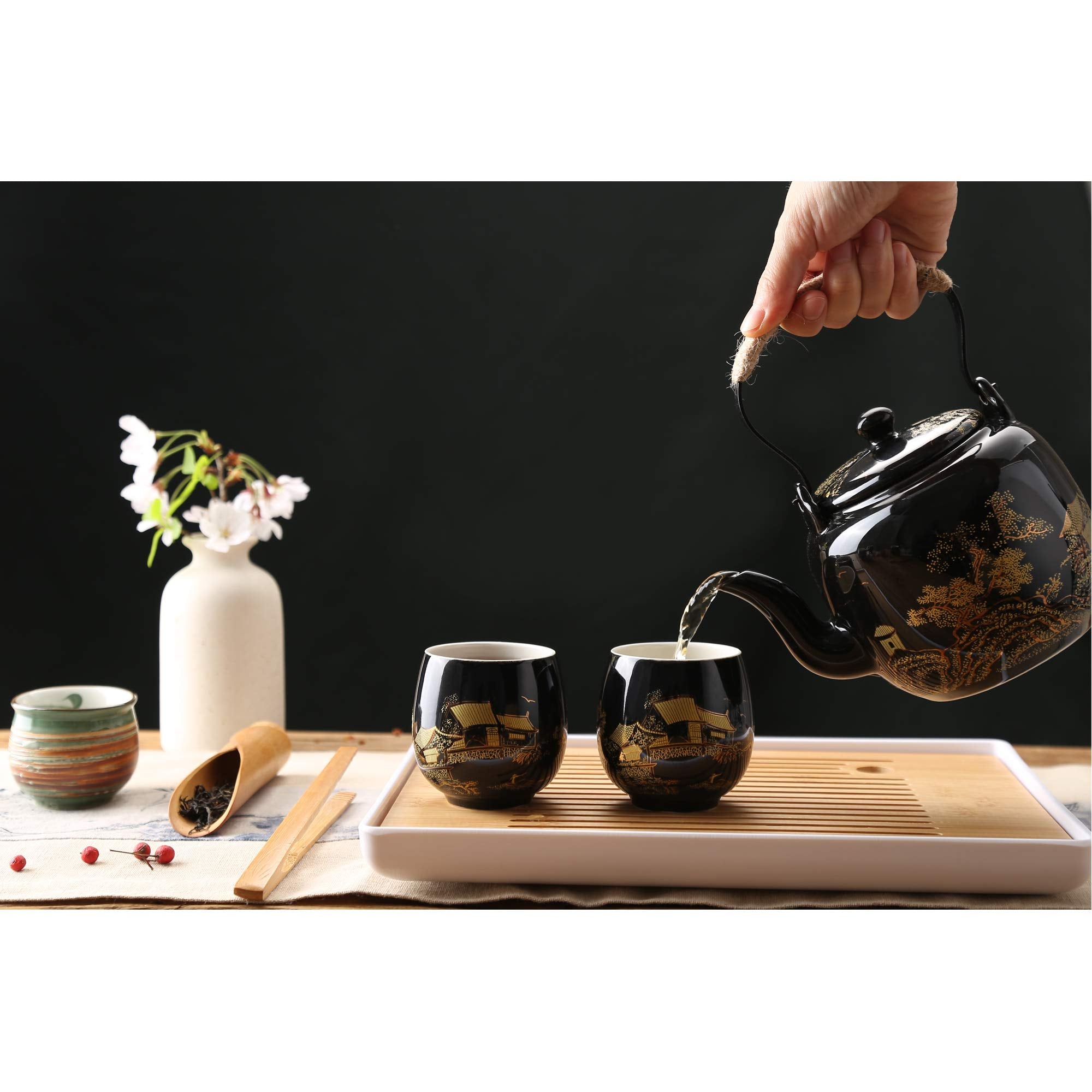 Japanese Tea Set, Black Porcelain - 1 Teapot, 6 Tea Cups, 1 Tea Tray, 1 Stainless Infuser