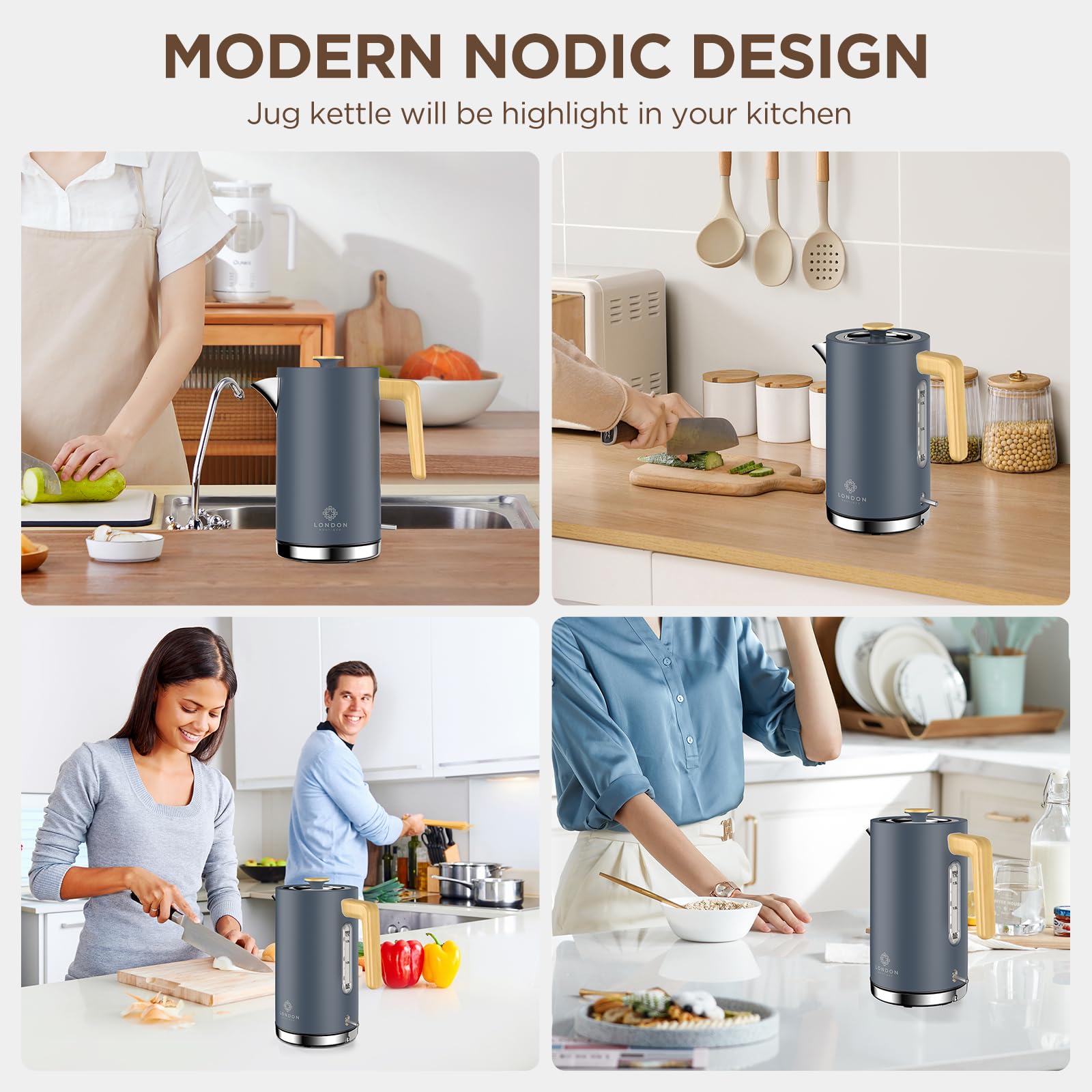 Grey Stainless Steel Cordless Electric Kettle with Wood Effect Handle