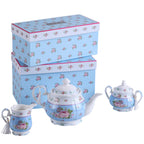 Porcelain Gift Set - Teapot, Sugar Bowl, Cream Milk Jug - Chic Vintage Floral - Gift Box (Blue Rose)