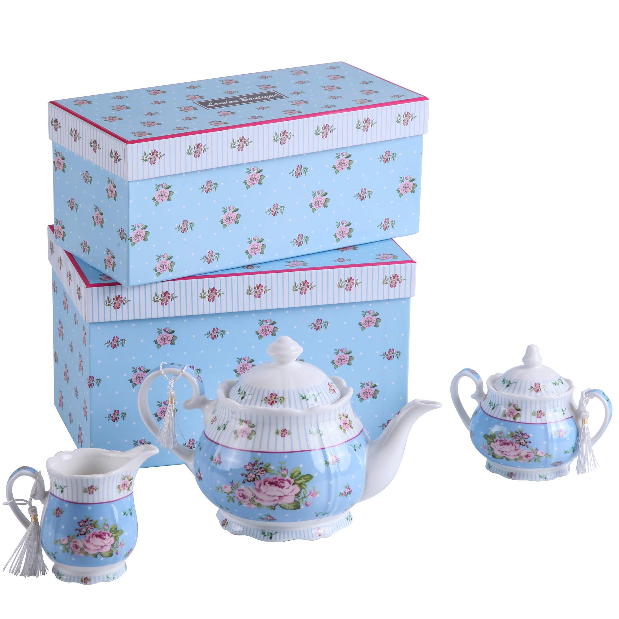 Porcelain Gift Set - Teapot, Sugar Bowl, Cream Milk Jug - Chic Vintage Floral - Gift Box (Blue Rose)