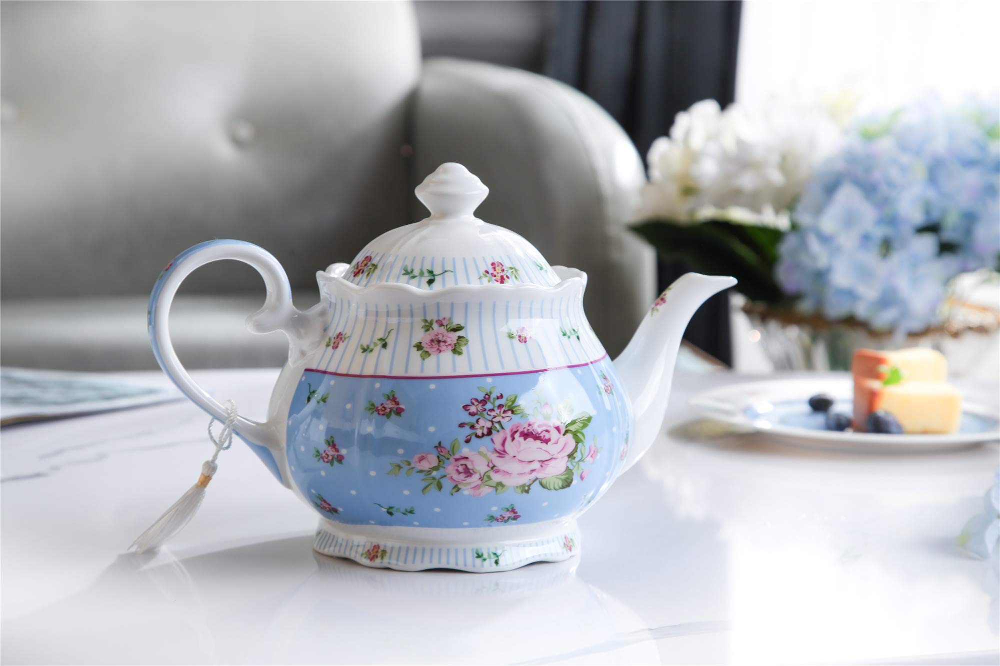 Porcelain Gift Set - Teapot, Sugar Bowl, Cream Milk Jug - Chic Vintage Floral - Gift Box (Blue Rose)