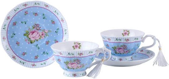 Full Porcelain Gift Set - 3 Tier Cake Stand, Teapot, Milk Jug, 2 Cups 2 Saucers  - Chic Vintage Floral - Gift Box (Blue Rose)