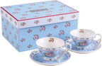 Full Porcelain Gift Set - 3 Tier Cake Stand, Teapot, Milk Jug, 2 Cups 2 Saucers  - Chic Vintage Floral - Gift Box (Blue Rose)