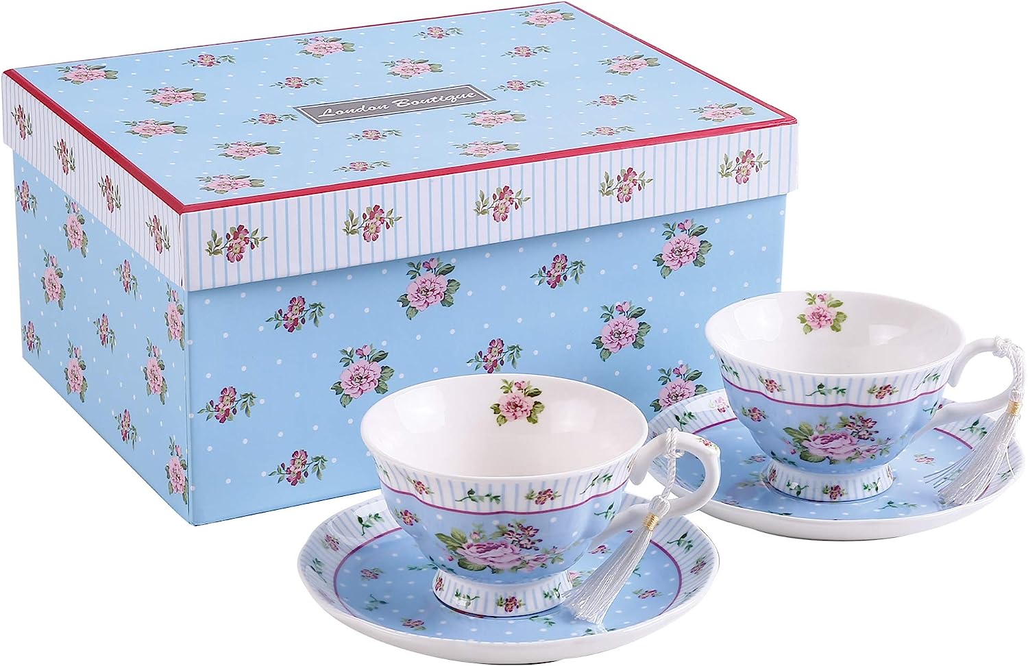 Full Porcelain Gift Set - 3 Tier Cake Stand, Teapot, Milk Jug, 2 Cups 2 Saucers  - Chic Vintage Floral - Gift Box (Blue Rose)