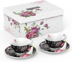 Porcelain Gift Set for Her - Afternoon Tea - 3 Tier Cake Stand, 2 Cups 2 Saucers, 4 Plates (Black)
