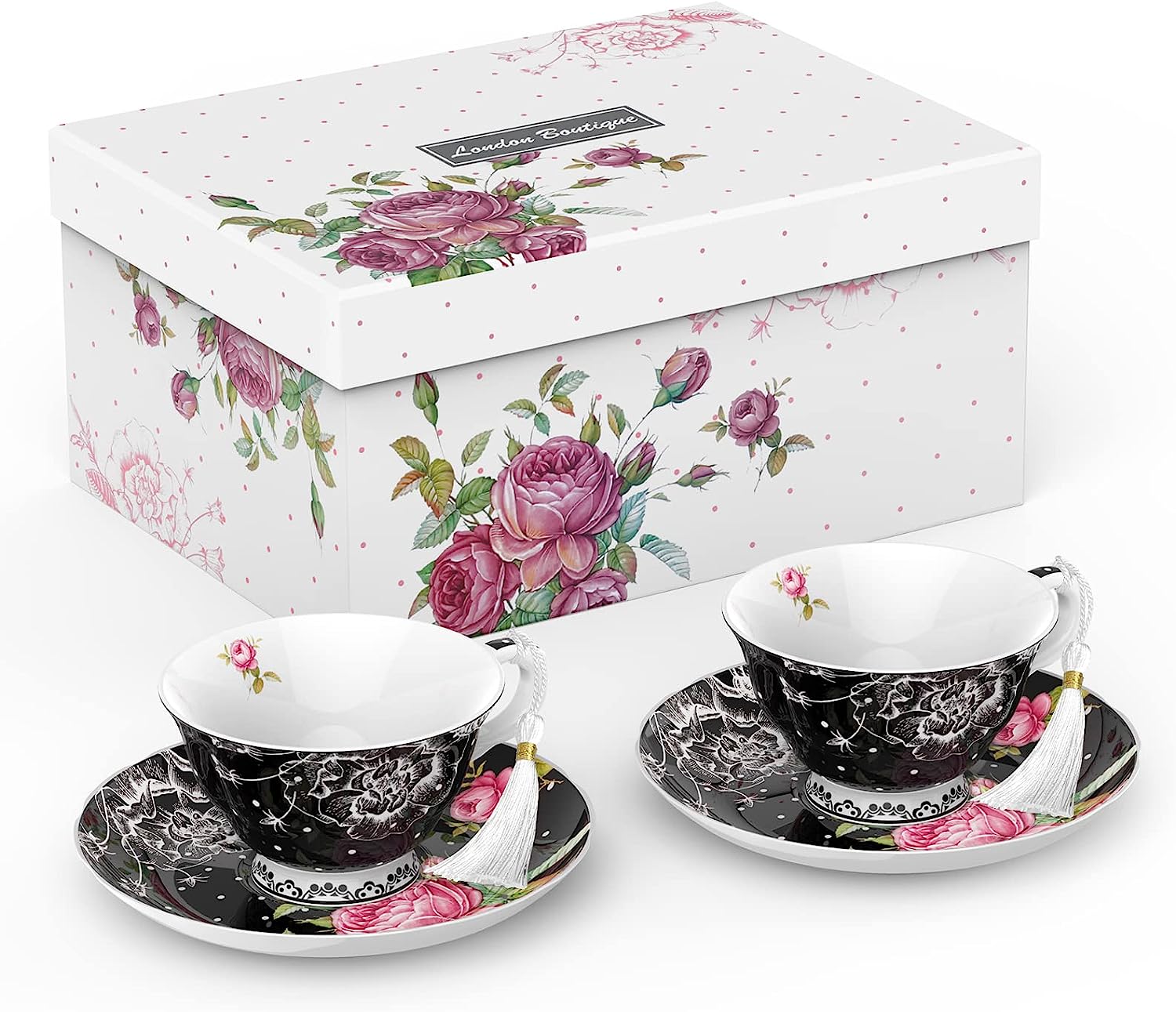 Porcelain Gift Set for Her - Afternoon Tea - 3 Tier Cake Stand, 2 Cups 2 Saucers, 4 Plates (Black)