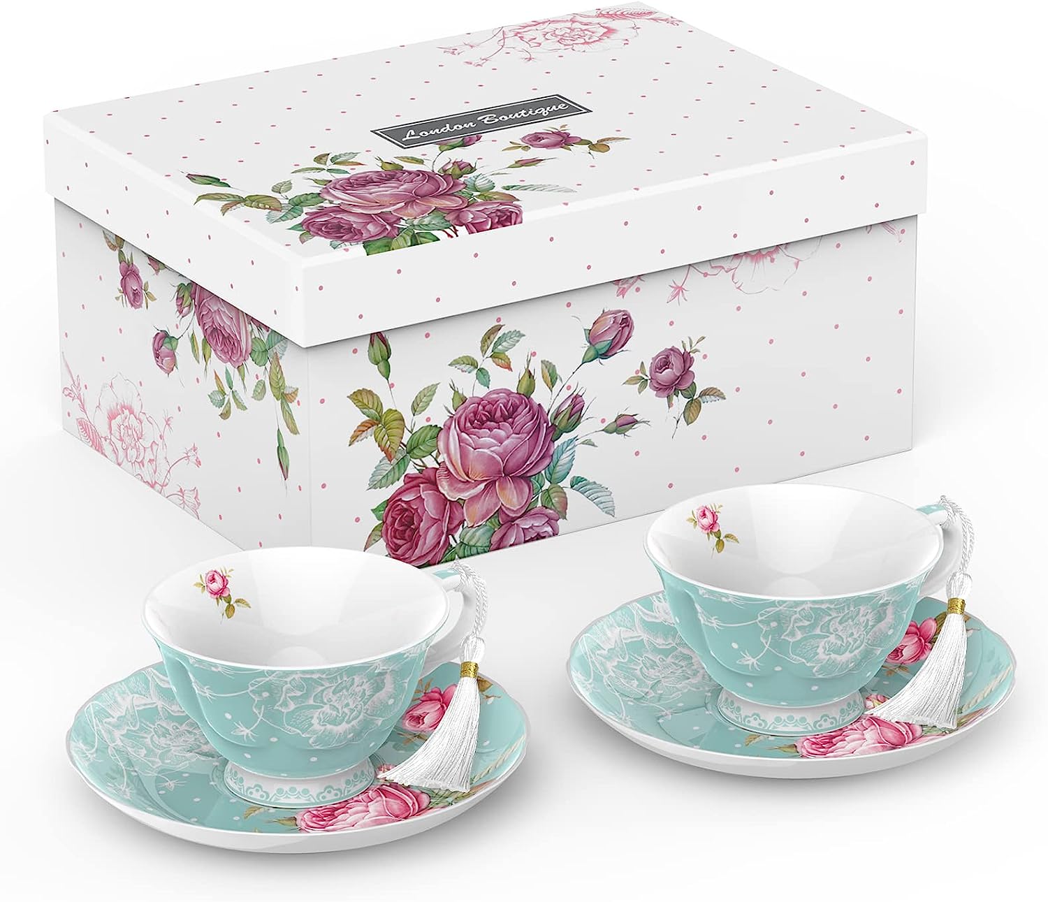 Porcelain Gift Set for Her - Afternoon Tea - 3 Tier Cake Stand, 2 Cups 2 Saucers, 4 Plates (Turquoise)