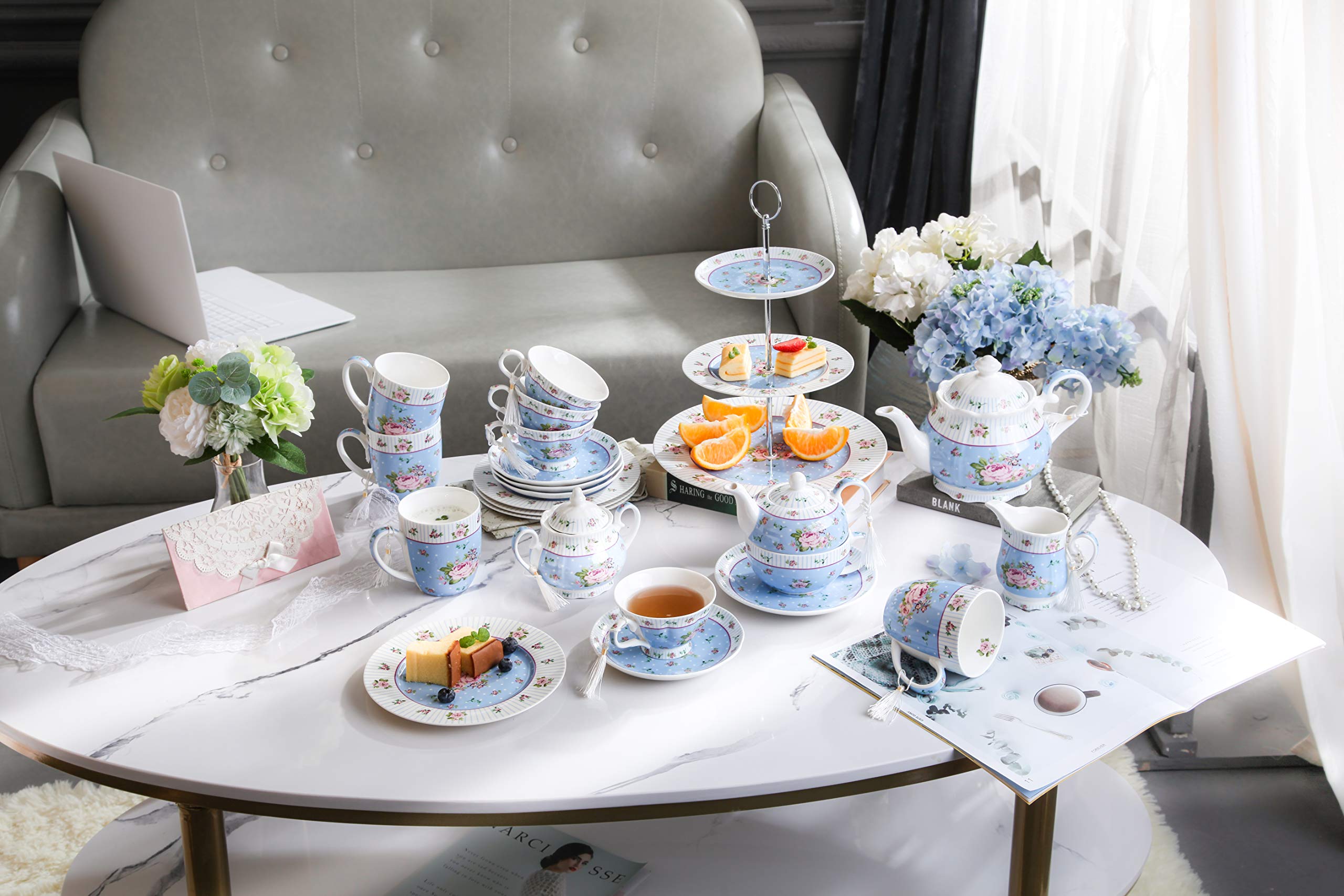 Porcelain Gift Set - Teapot, Sugar Bowl, Cream Milk Jug - Chic Vintage Floral - Gift Box (Blue Rose)
