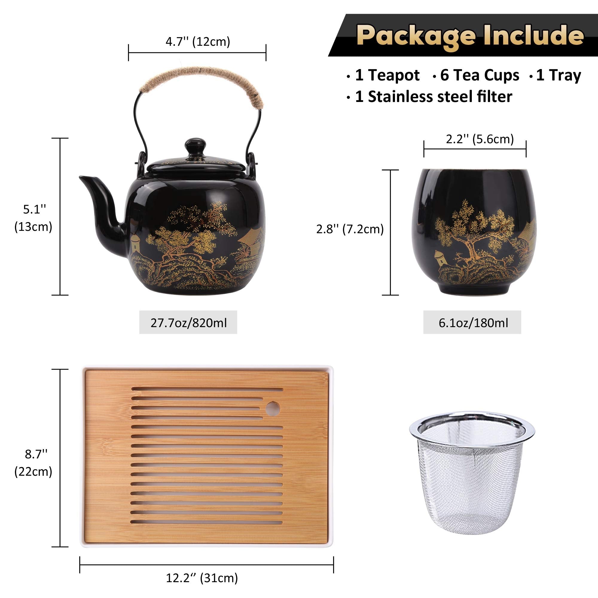 Japanese Tea Set, Black Porcelain - 1 Teapot, 6 Tea Cups, 1 Tea Tray, 1 Stainless Infuser