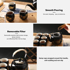 Japanese Tea Set, Black Porcelain - 1 Teapot, 6 Tea Cups, 1 Tea Tray, 1 Stainless Infuser