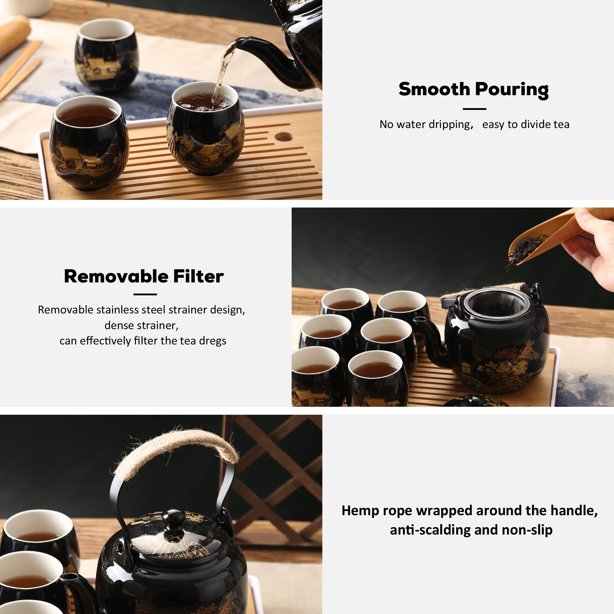 Japanese Tea Set, Black Porcelain - 1 Teapot, 6 Tea Cups, 1 Tea Tray, 1 Stainless Infuser