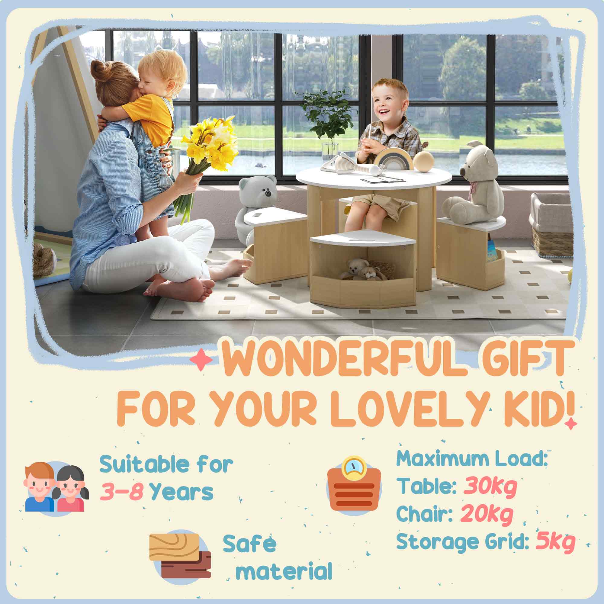Five-Piece Kids Table and Chairs Set with Storage, for Ages 3-8 Years