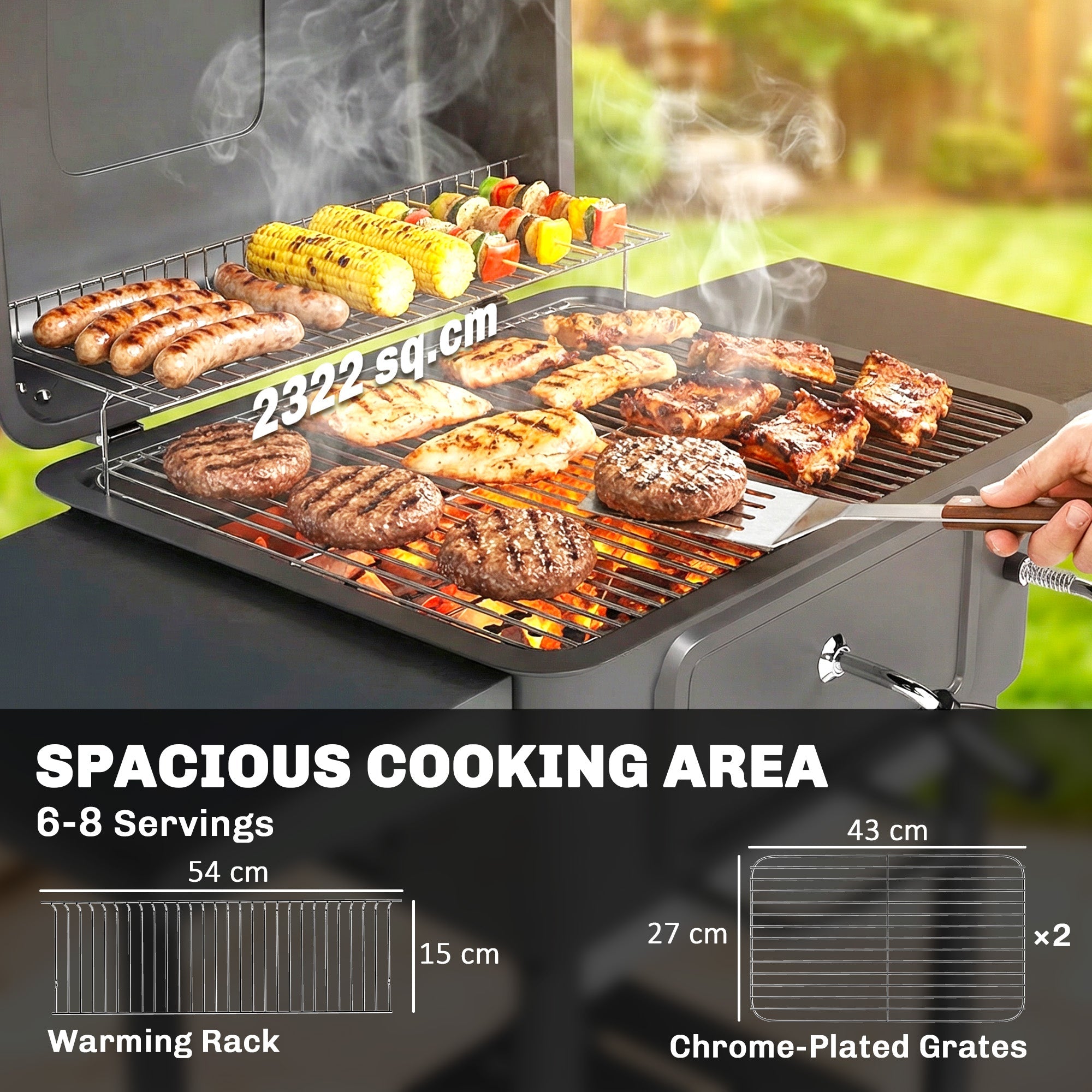 Charcoal BBQ Grill with Adjustable Charcoal Panwith Side Tables