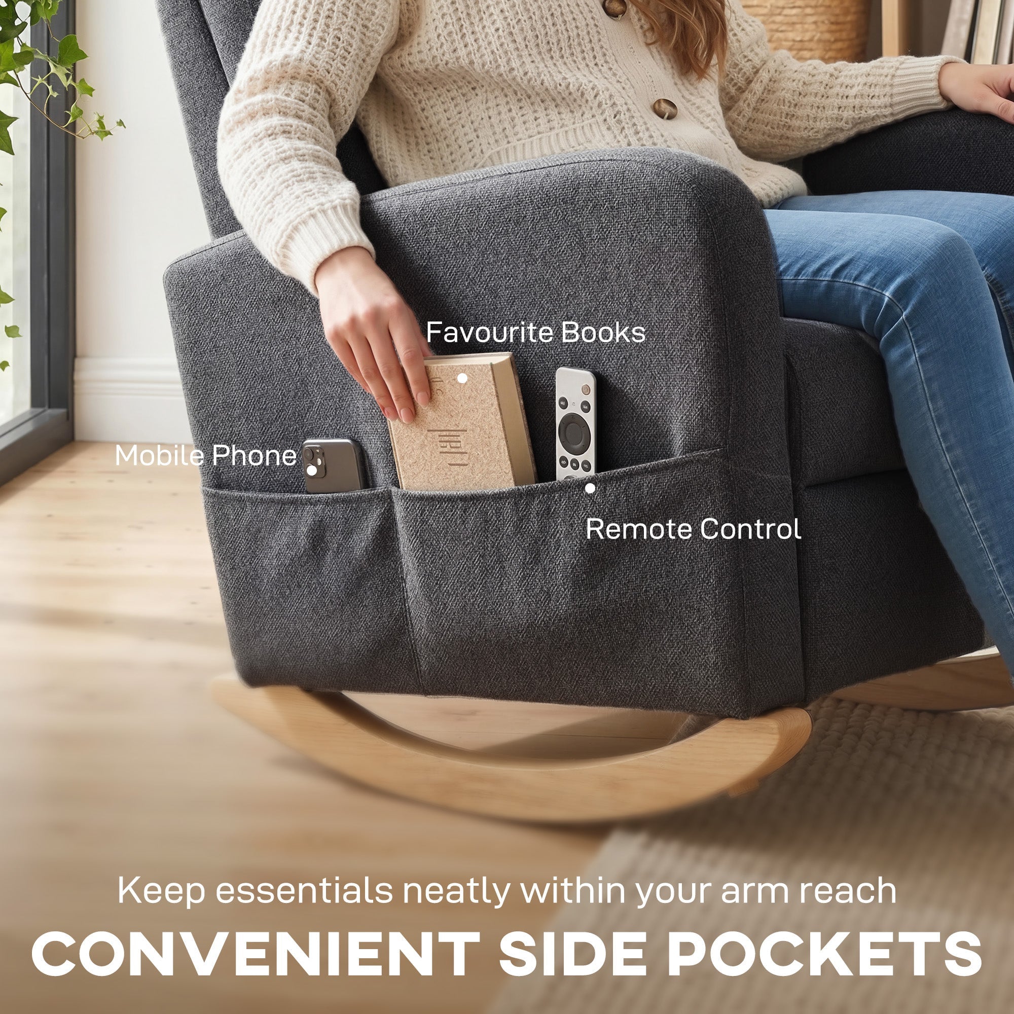 Rocking Chair Retractable Footrest - High Back for Living Room - Grey
