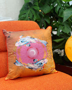 Koi Watercolour Art Cushion 'Golden pool' with fish illustration, made from Vegan friendly Suede