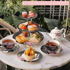 Porcelain Gift Set for Her - Afternoon Tea - 3 Tier Cake Stand, 2 Cups 2 Saucers, 4 Plates (Black)