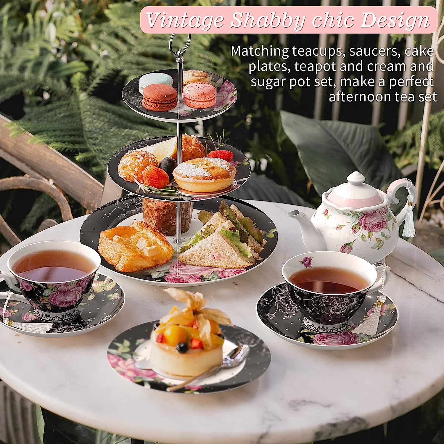 Porcelain Gift Set for Her - Afternoon Tea - 3 Tier Cake Stand, 2 Cups 2 Saucers, 4 Plates (Black)