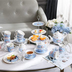 Porcelain Gift Set -  4 Cake Plates , Fine China - Chic Vintage Floral - Gift Box (Blue Rose)