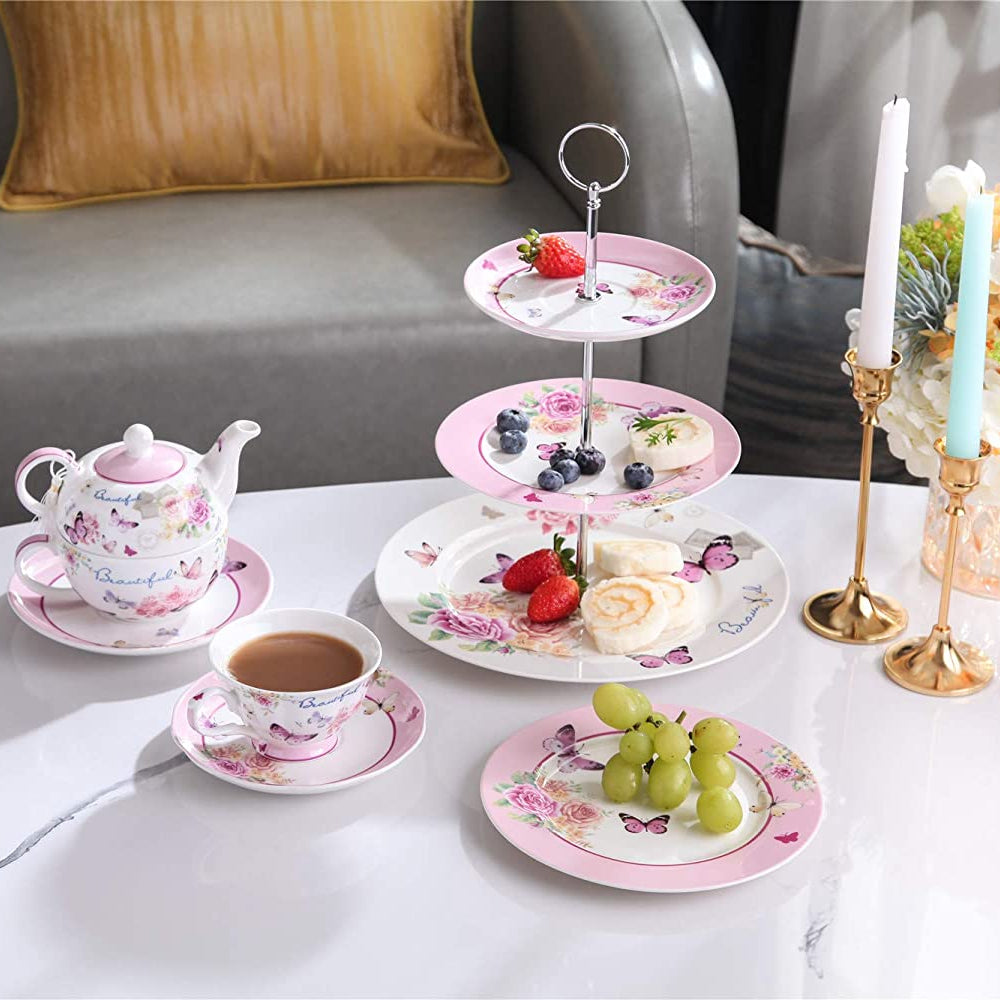 Tea for One Teapot Cup suacer Set - Vintage Flora Porcelain Gift Box (Butterfly Rose)
