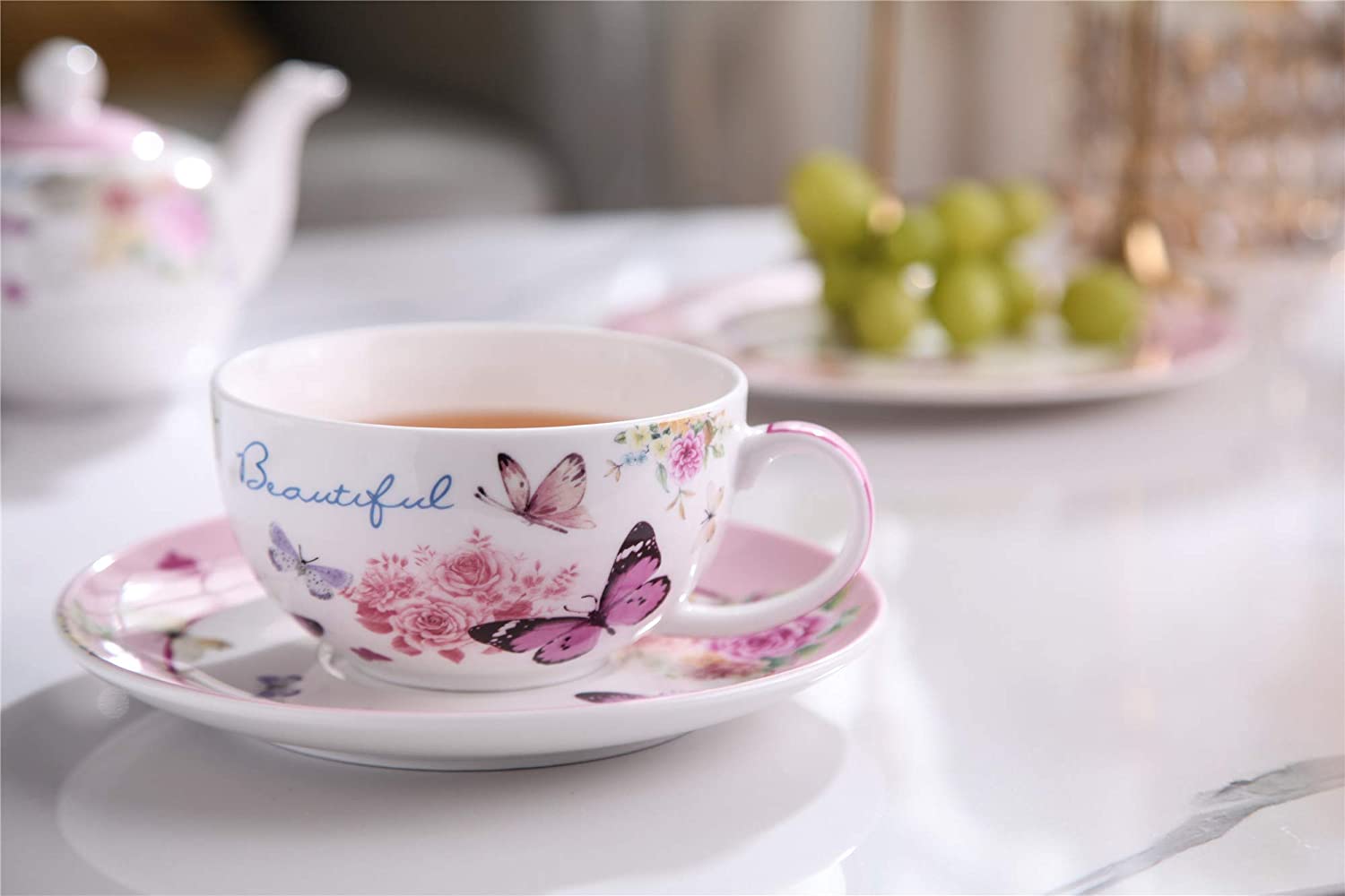 Tea for One Teapot Cup suacer Set - Vintage Flora Porcelain Gift Box (Butterfly Rose)
