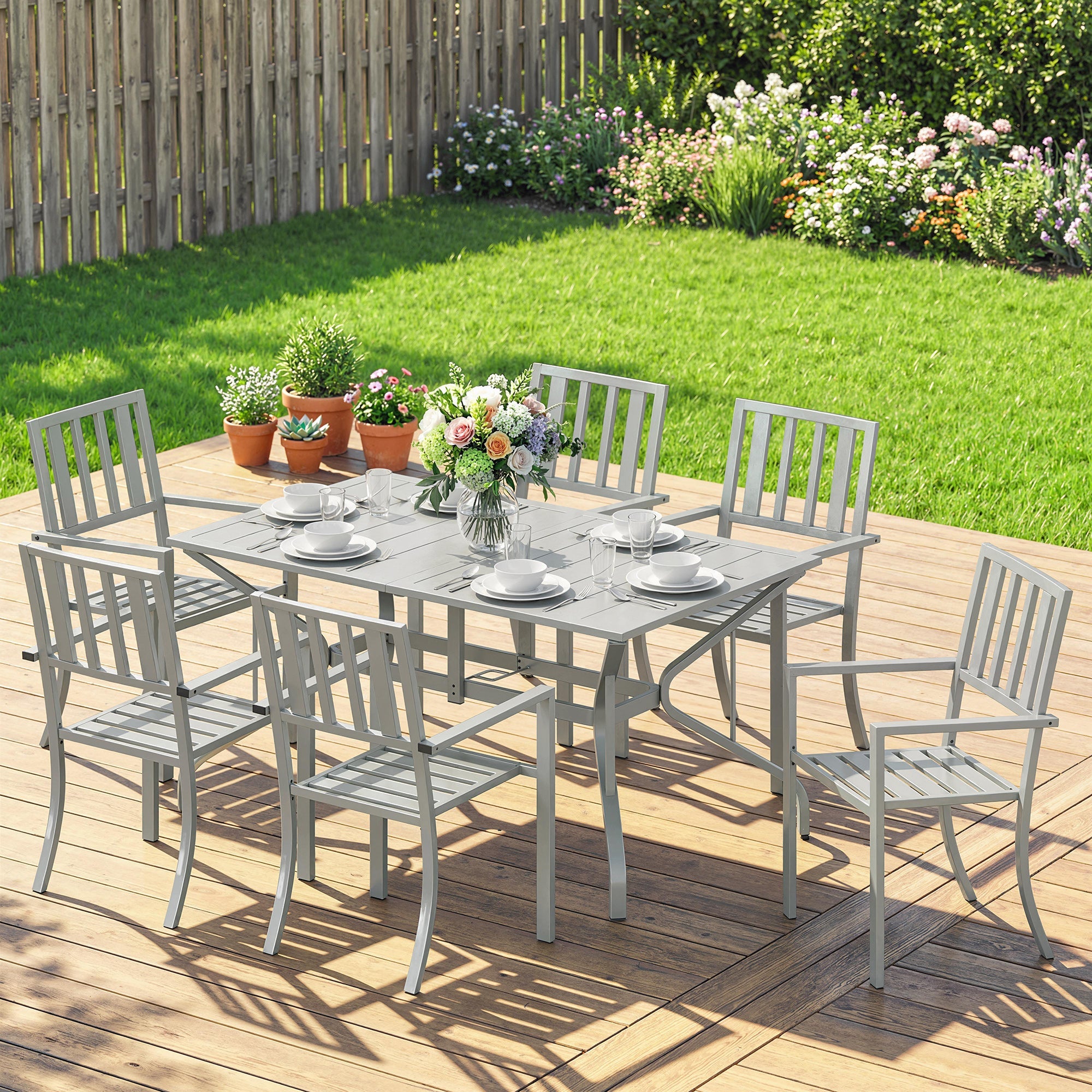 7 Pieces Garden Table and Chairs, 6 Seater Outdoor Table and Chairs with Umbrella Hole,