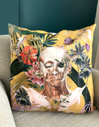 Large Yellow Art Cushion - skull design-  double sided, made from Vegan friendly Suede