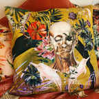 Large Yellow Art Cushion - skull design-  double sided, made from Vegan friendly Suede
