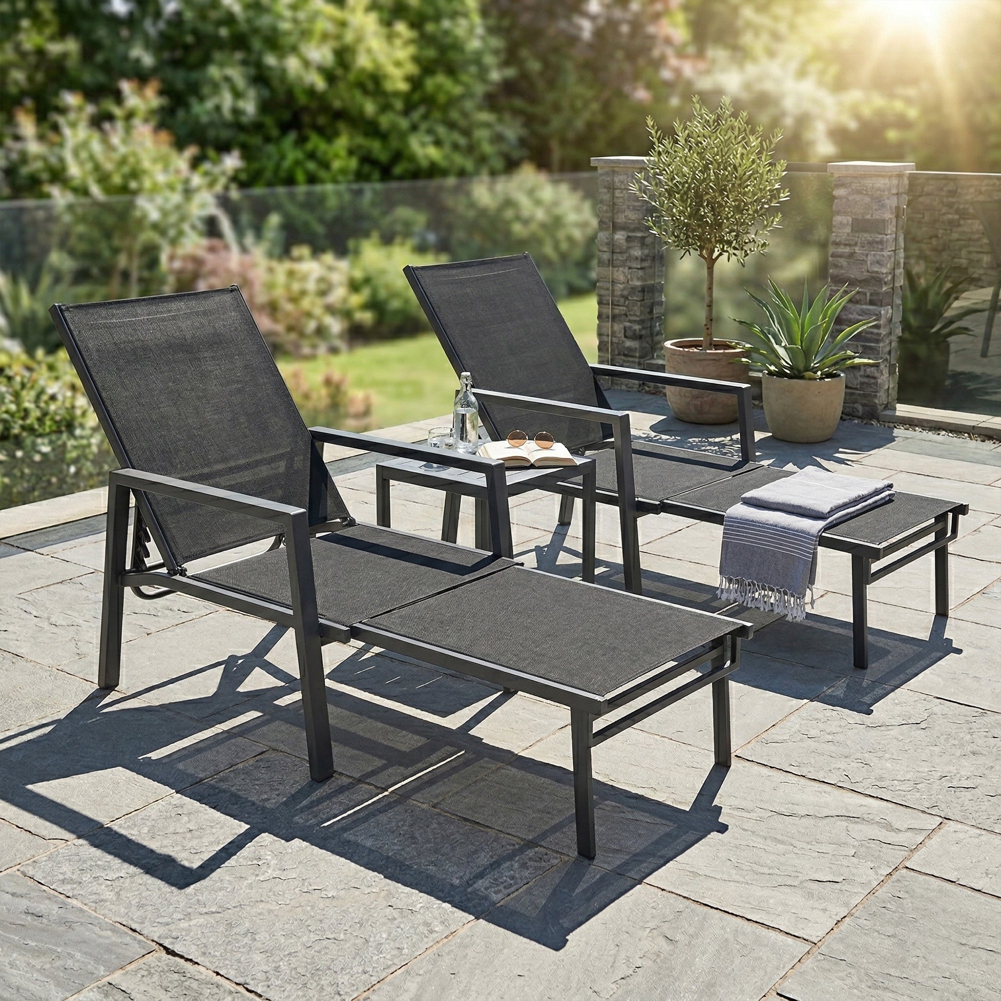 Sun Lounger Retractable Footrest 5-Position Adjustable - Set of 2
