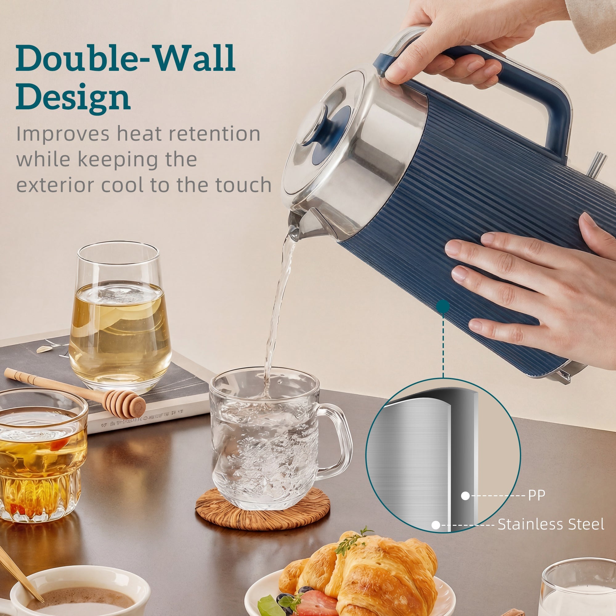 Electric Stainless Steel Kettle and Toaster Set - Navy