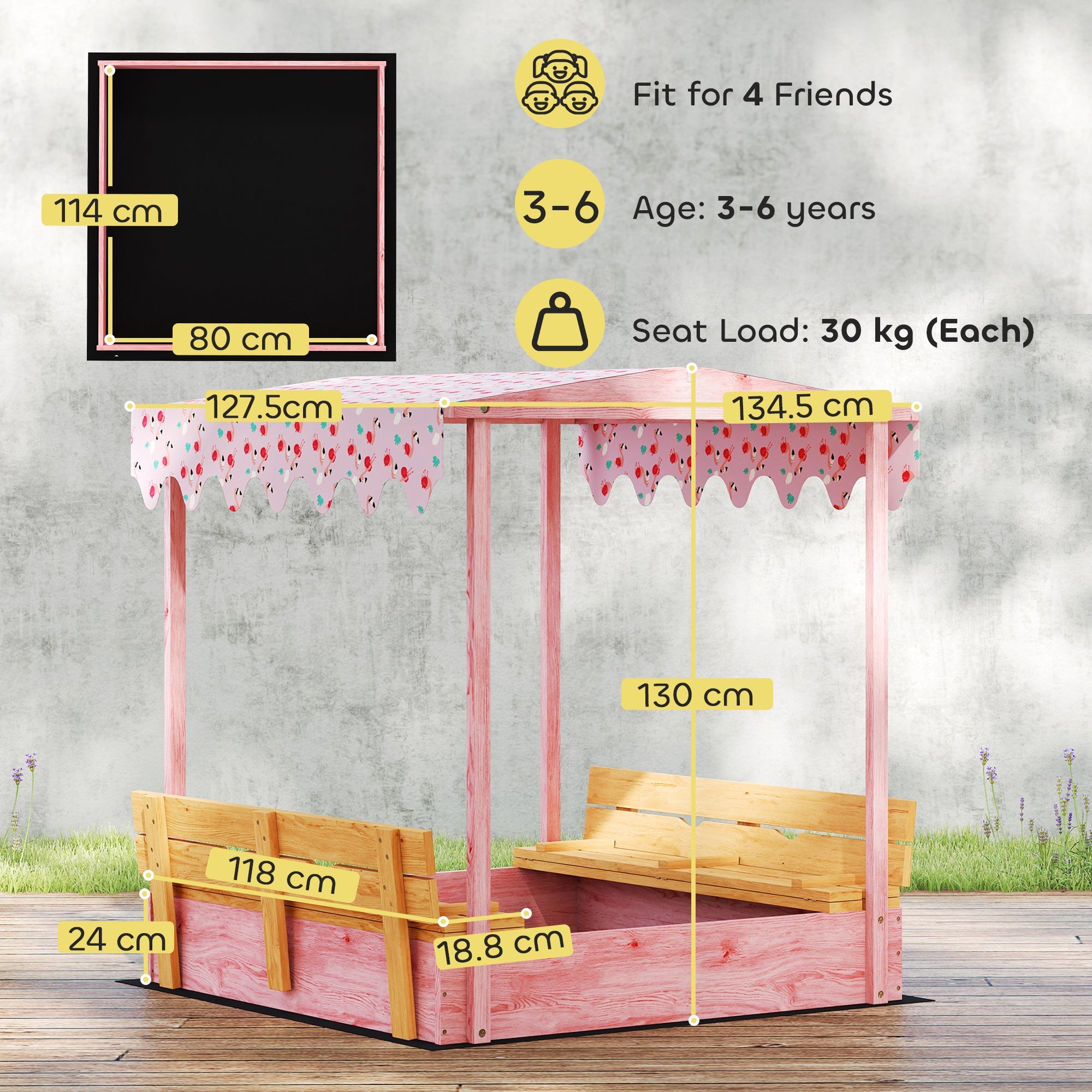 Kids Outdoor Sand Pit with Foldable Bench Seats, Flamingos Print Canopy
