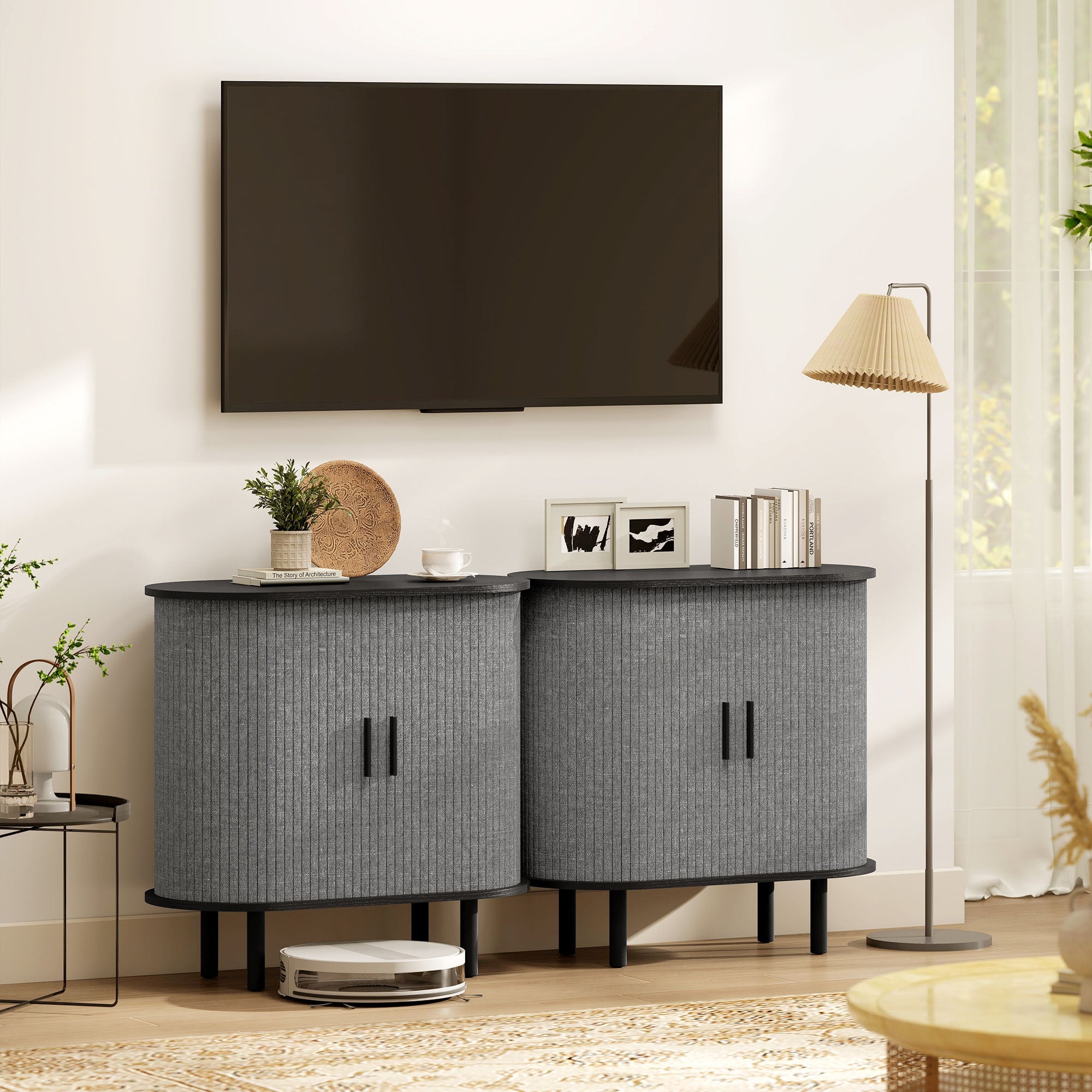 Tambour Sideboard with Fluted Sliding Doors,Wooden Legs