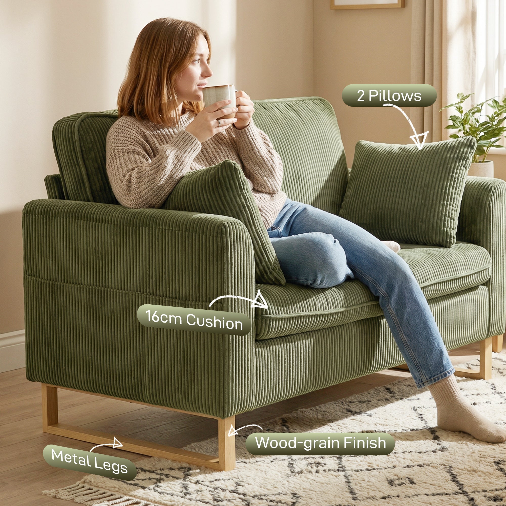 2 Seater Sofa, 140 cm Loveseat Sofa, Dark Green