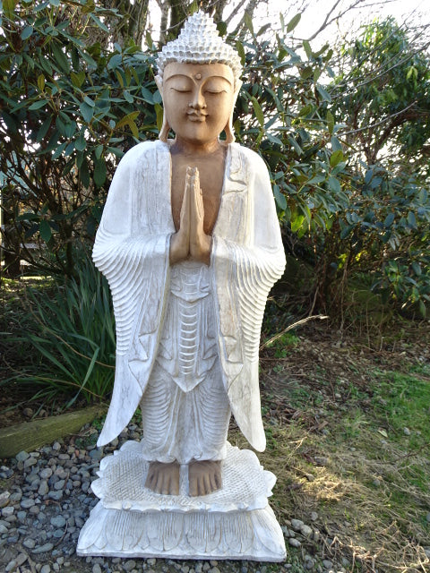 Hand Carved Standing Buddha Statue in Whitewash Suar Wood – 1 Metre