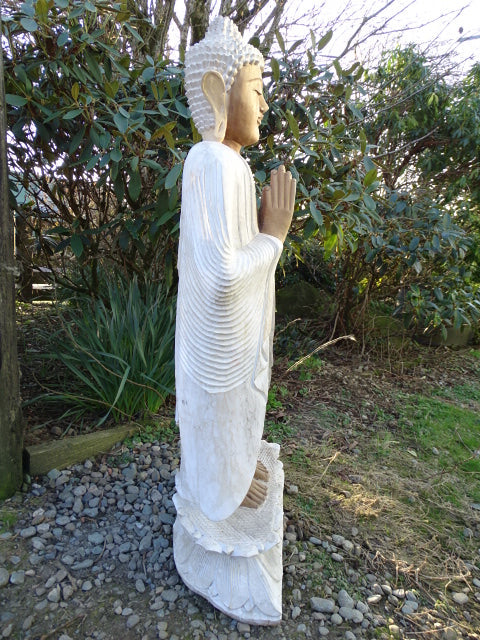 Hand Carved Standing Buddha Statue in Whitewash Suar Wood – 1 Metre