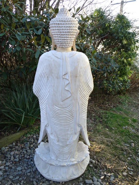 Hand Carved Standing Buddha Statue in Whitewash Suar Wood – 1 Metre