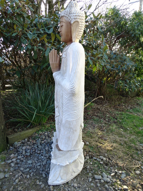 Hand Carved Standing Buddha Statue in Whitewash Suar Wood – 1 Metre