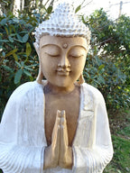 Hand Carved Standing Buddha Statue in Whitewash Suar Wood – 1 Metre