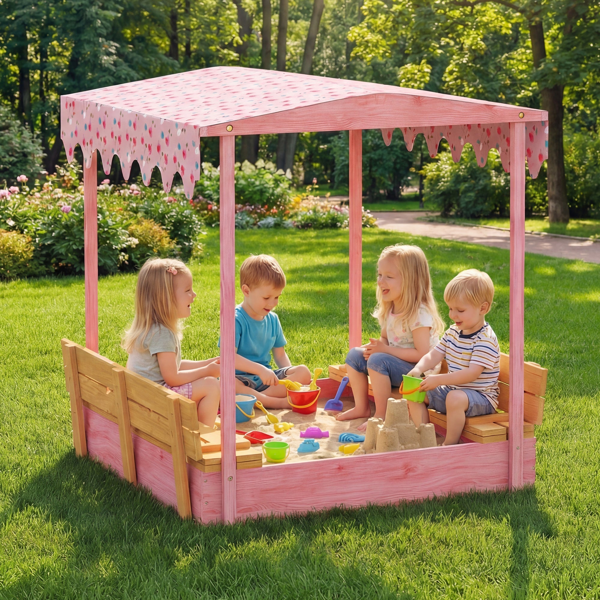 Kids Outdoor Sand Pit with Foldable Bench Seats, Flamingos Print Canopy