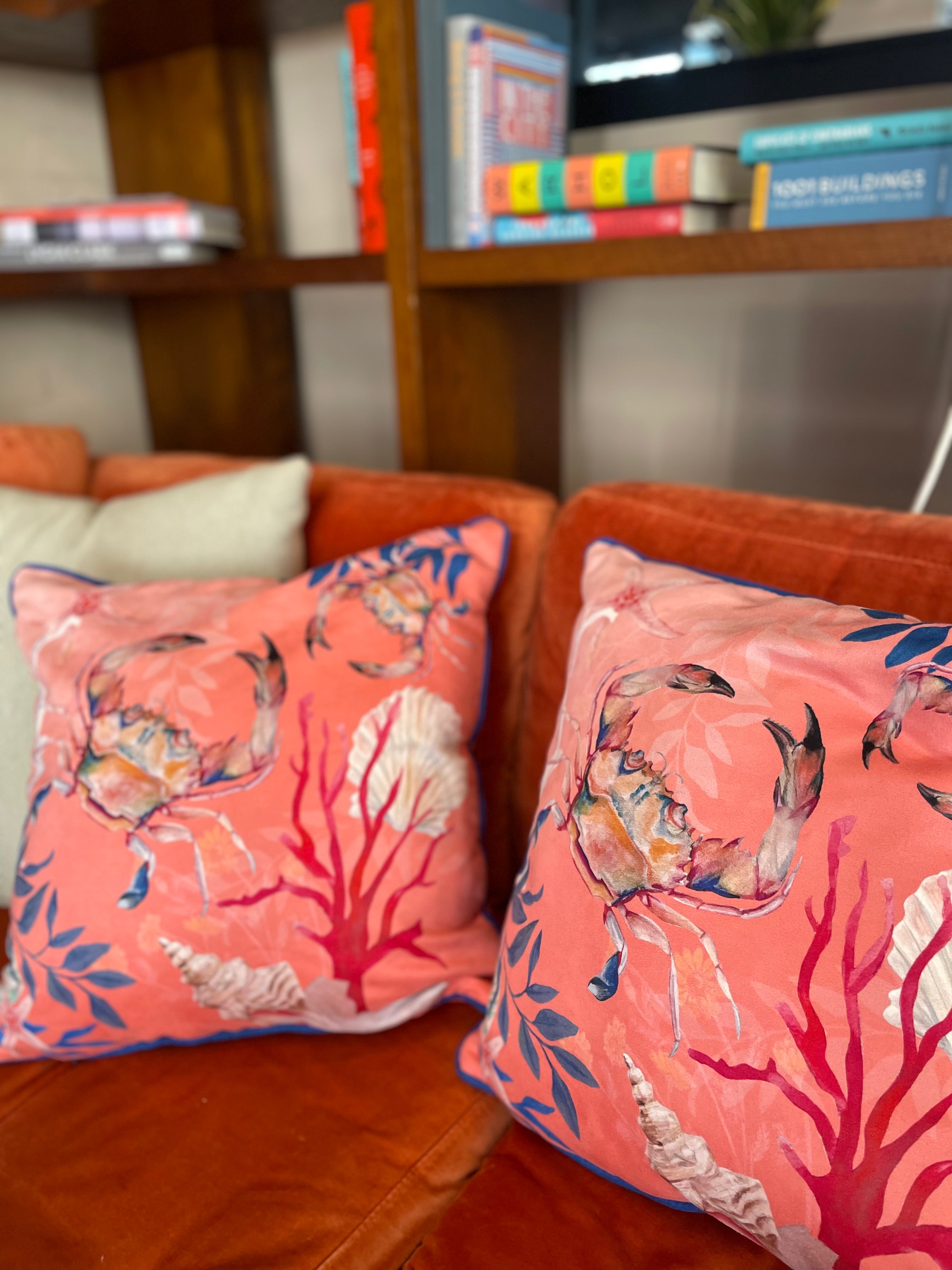 Coral with starfish illustration Art Cushion, made from Vegan friendly Suede