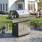 4+1 Portable Gas BBQ Grill with Side Burner, Warming Rack, Side Shelf, Storage Cabinet