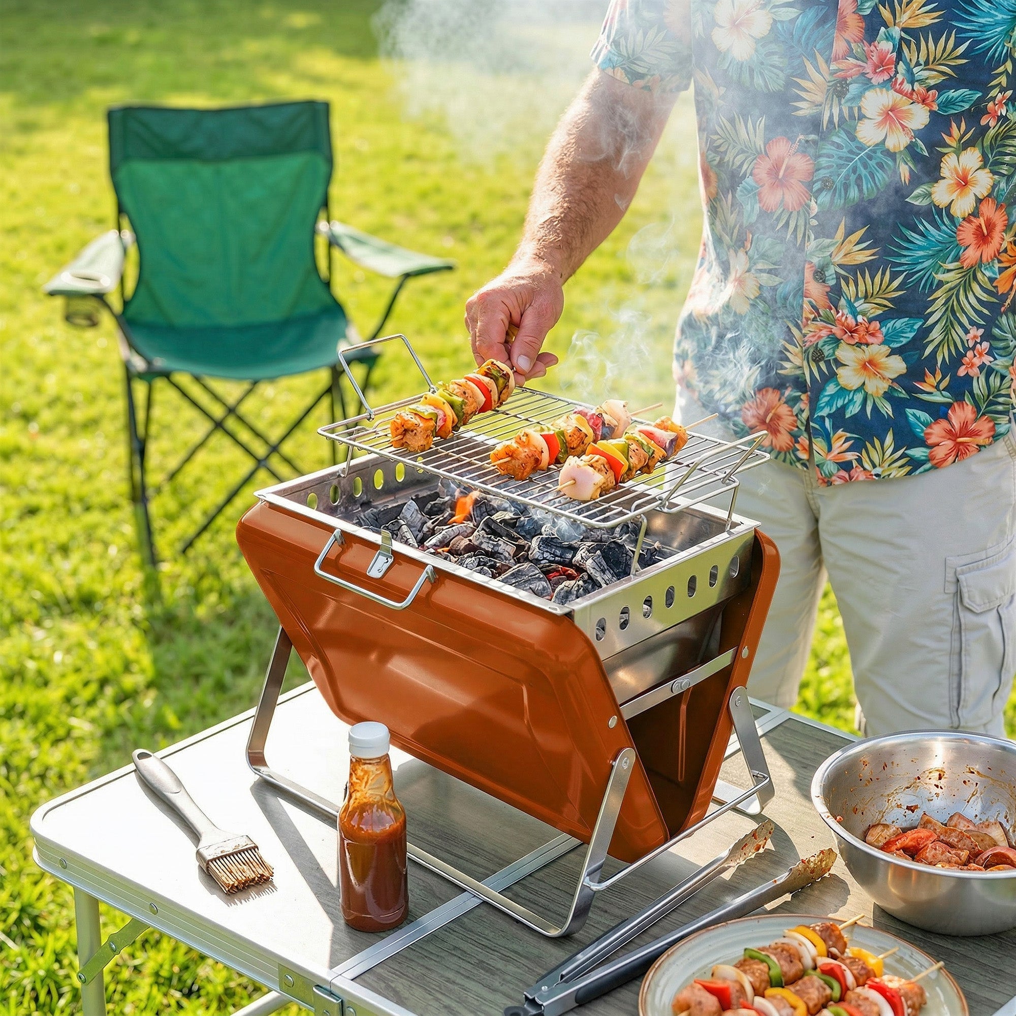 Portable Charcoal BBQ Grill Stainless Steel with Tilting Grate