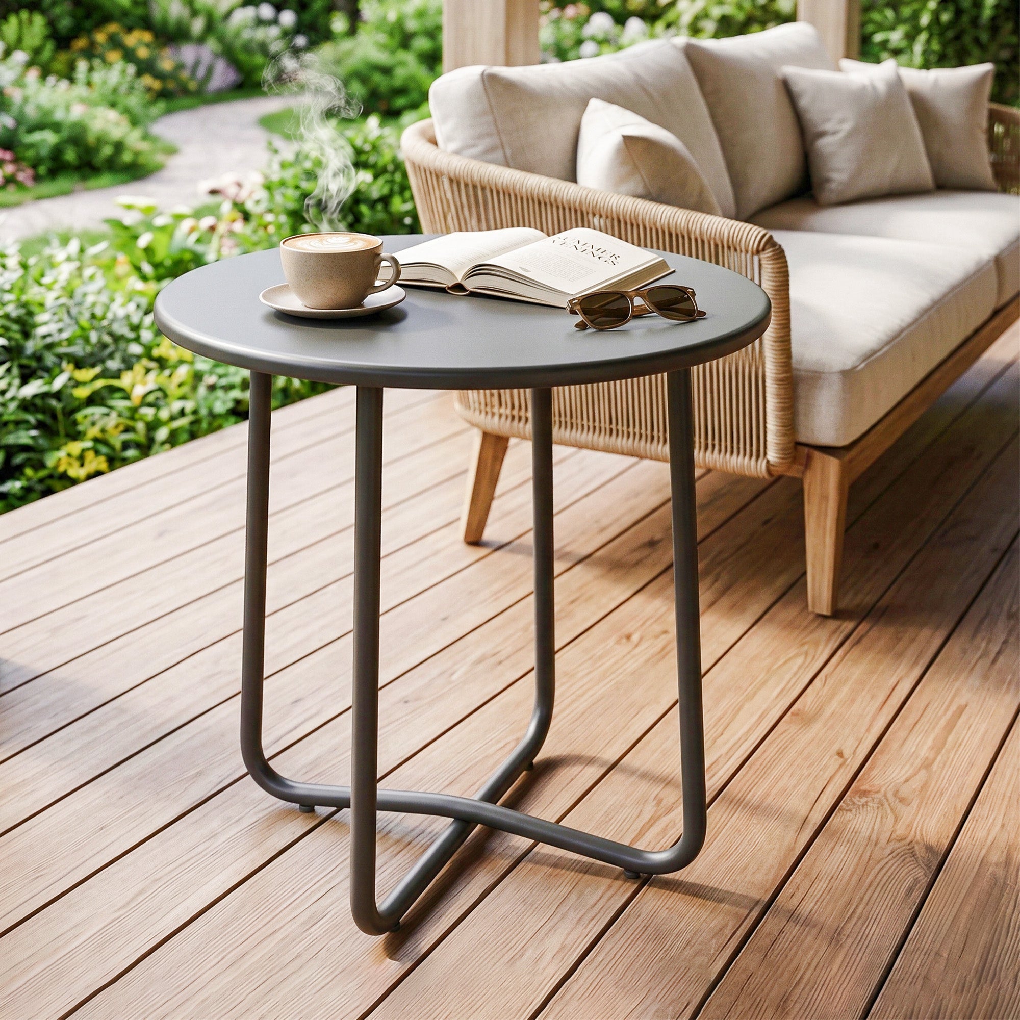 Small Metal, Round Garden Side Table with Rolled Edge, Dark Grey