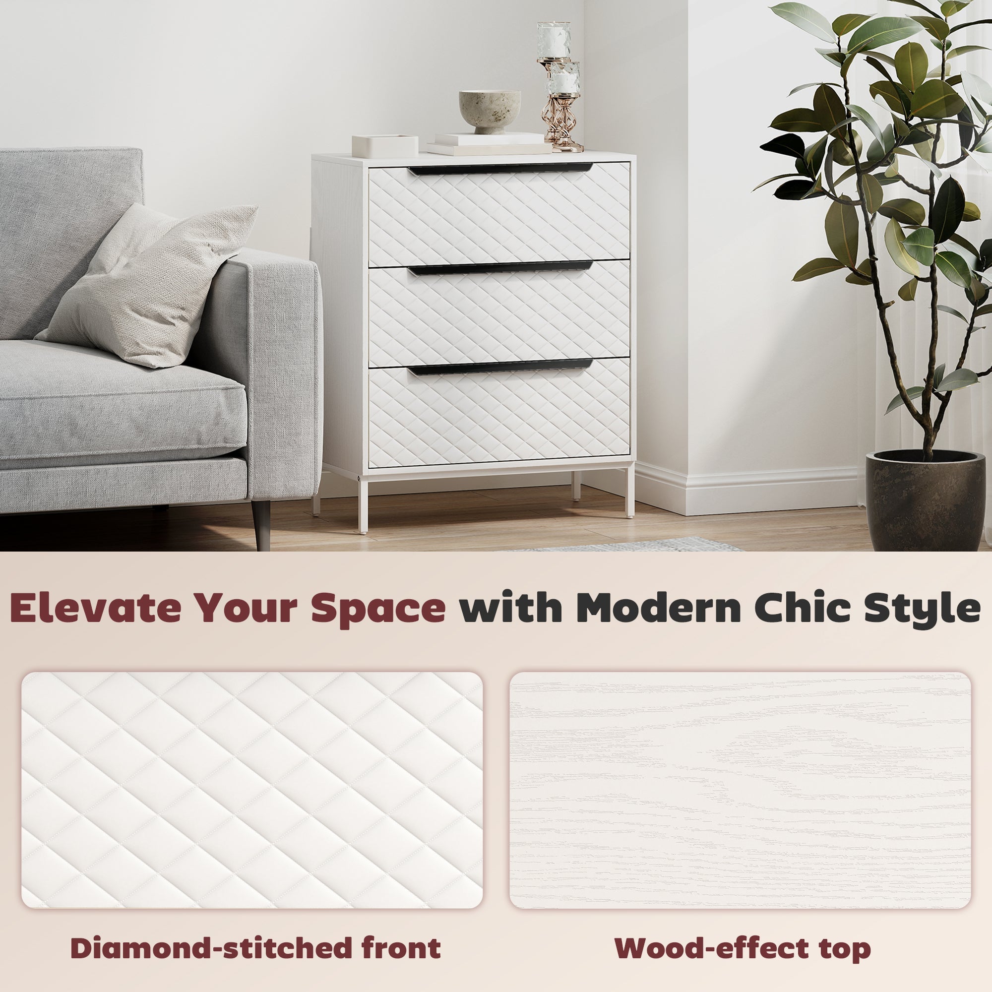 Chest of Drawers, Dresser with 3 Fabric Drawers