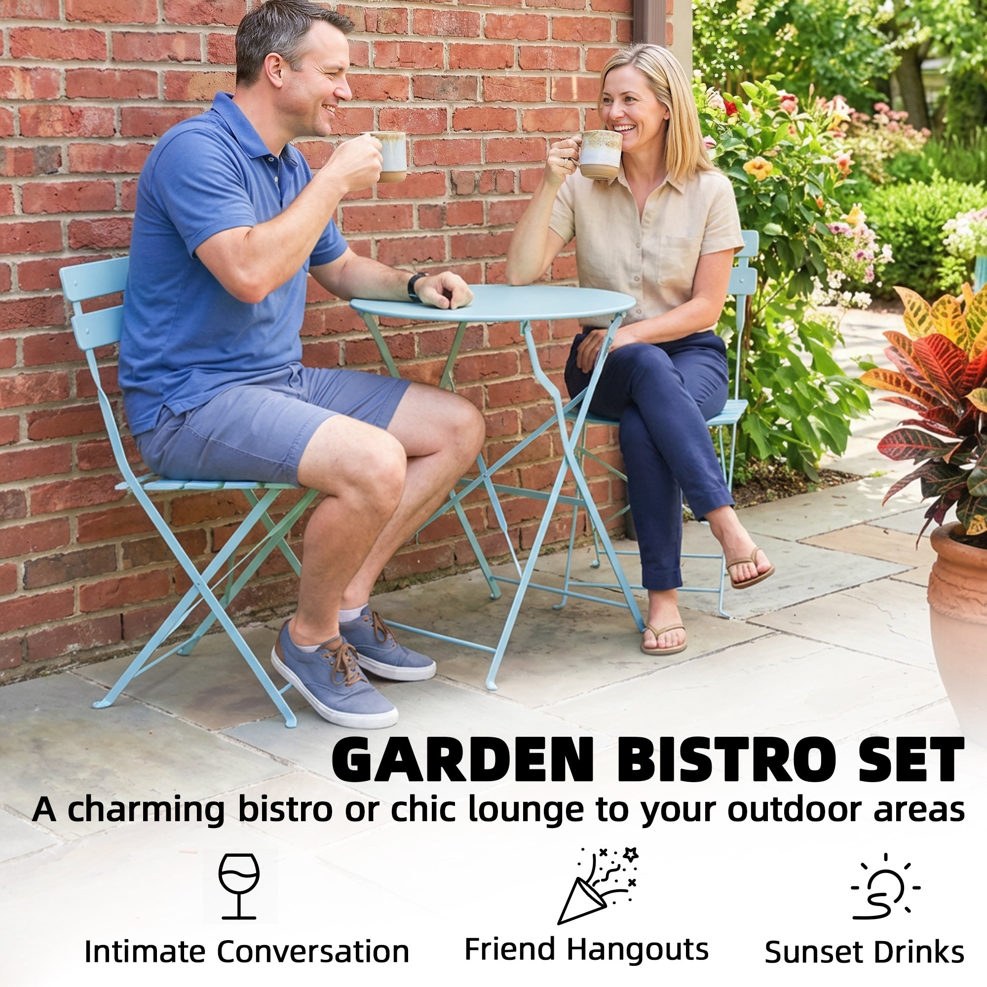 Folding Garden Bistro Set, Light Blue